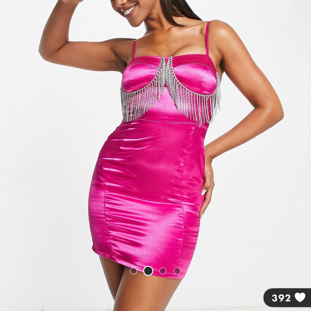 Shiny hot pink mini dress with rhinestone tassels